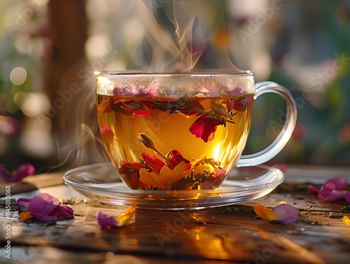 Close-up of a steaming cup of herbal tea with floating petals and herbs, set on a wooden table photo