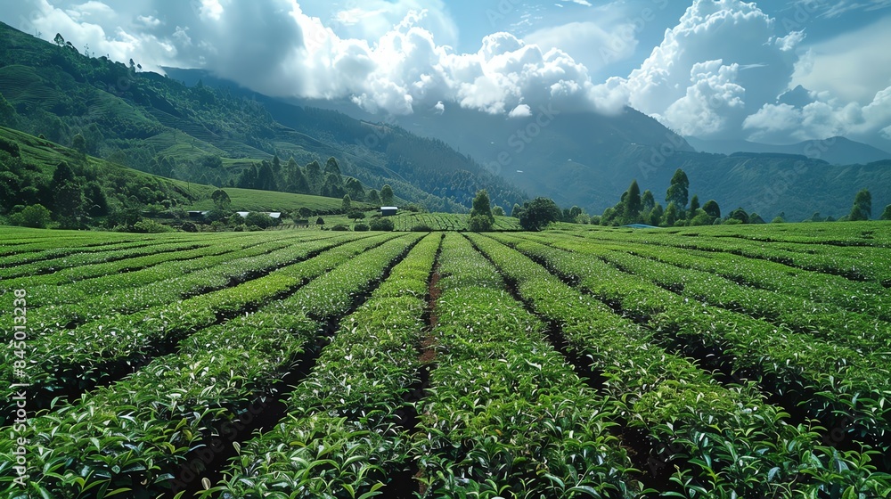 A panoramic view of a tea plantation with neat rows of tea bushes stretching into the distance