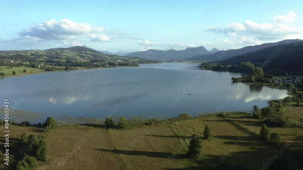 Drone flight over the Irrsee, Salzkammergut, Upper Austria, Austria, Europe Drone flight over the Irrsee, Salzkammergut, Upper Austria, Austria, Europe