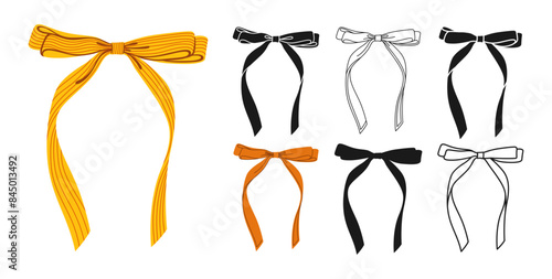 Ribbon satin bows symbol set. Trendy holiday tape sign for celebrations silhouette, icon linear design. Cute cartoon bow knot gift ribbon party accessory. Glamour hand drawn vector illustration
