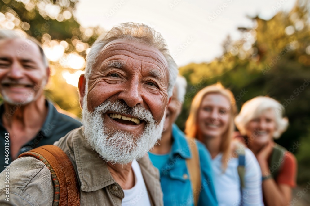 Portrait of smiling senior man with friends in the background. Multiethnic group of people standing together. Portrait of smiling senior man with friends in the background. Multiethnic group of people standing together.
