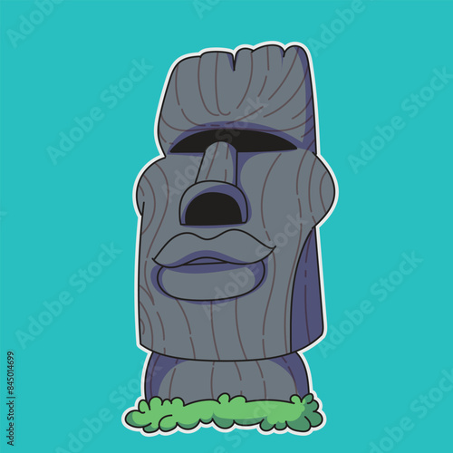 Bilde på lerret a drawing of a stone statue moai with a green ribbon around it.