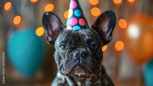 Wallpaper Mural A French Bulldog wearing a party hat sits in a festive setting Torontodigital.ca