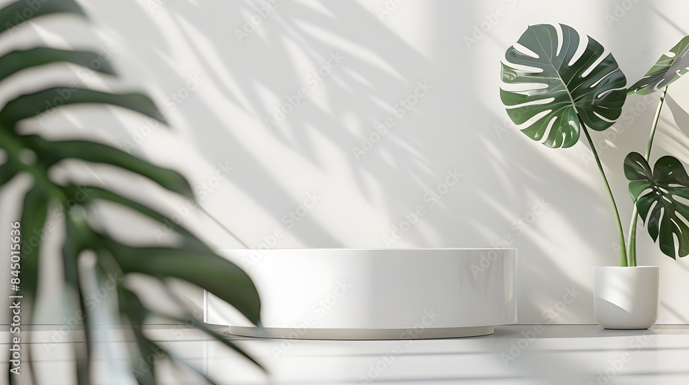 3D product presentation background with white podium and monstera leaf. 3D product presentation background with white podium and monstera leaf.