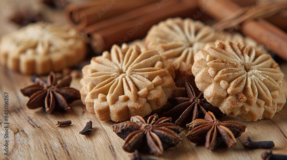 Star anise displayed on a wooden surface alongside cookies and cinnamon Star anise displayed on a wooden surface alongside cookies and cinnamon