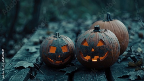 Concept of Halloween day with pumpkins on a wood backdrop Toned image