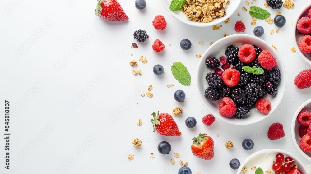 Top down view of vegetarian breakfast with granola and fruits on white background Top down view of vegetarian breakfast with granola and fruits on white background