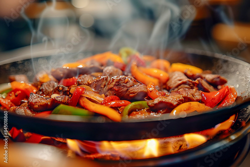 Fajitas sizzling on a hot skillet, with peppers and onions