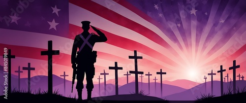 Luxury Memorial Day banner with copy space, USA Veterans Day background, soldier silhouette, and flower field.