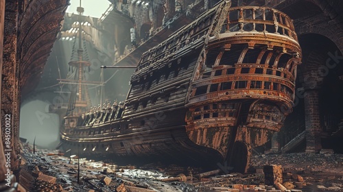 the symbolic ship of thesus , wooden big ship ,old ancient ship with a repairing module and parts etc in a big ancient royal sunroofed hall