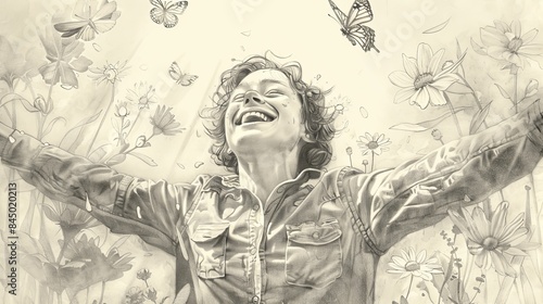 pencil sketch of a happy woman in a flowers field , butterflies flying by her opened arms in happiness with a cute smile and genuine happiness , enjoying in nature