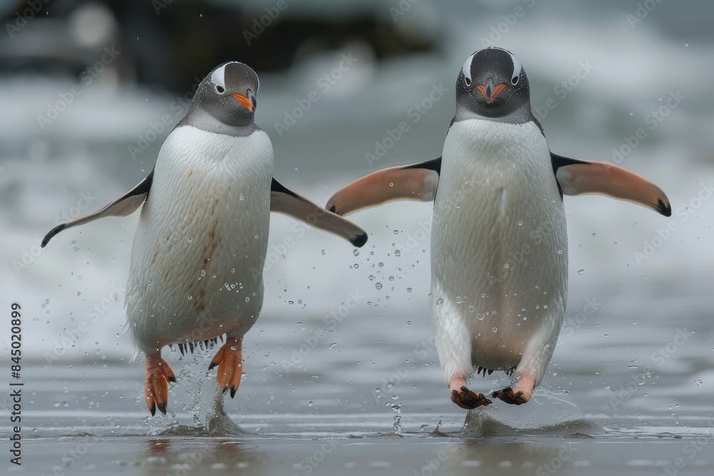 Fototapeta premium Three penguins are running in the water