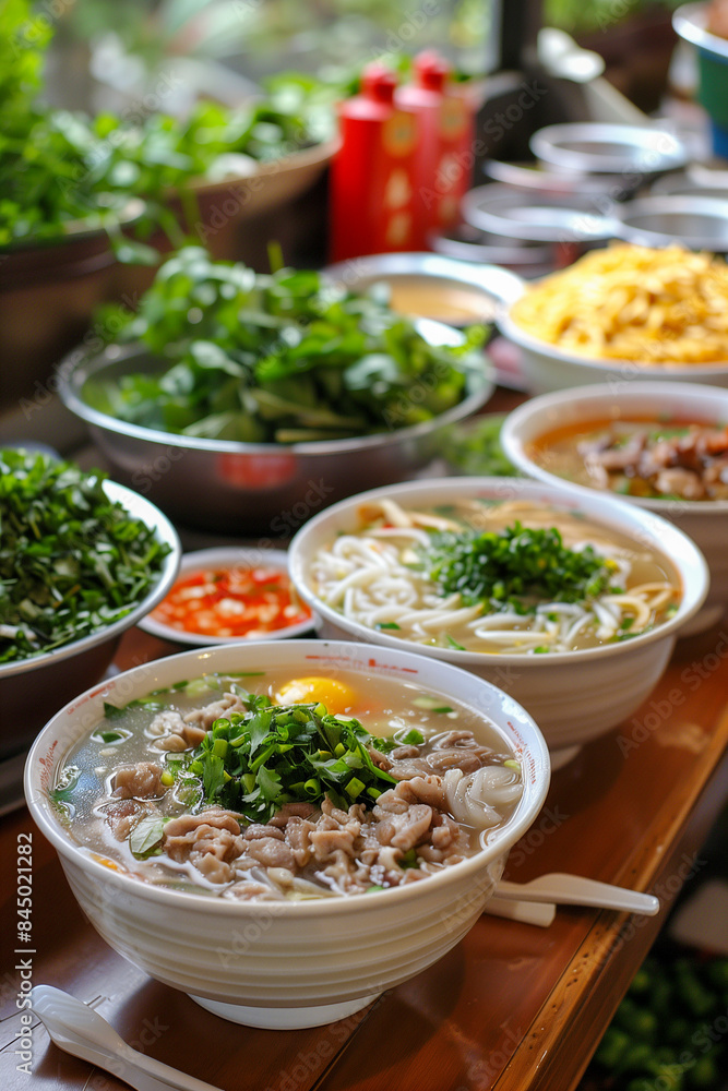 Pho being served in a Vietnamese street food setting Pho being served in a Vietnamese street food setting