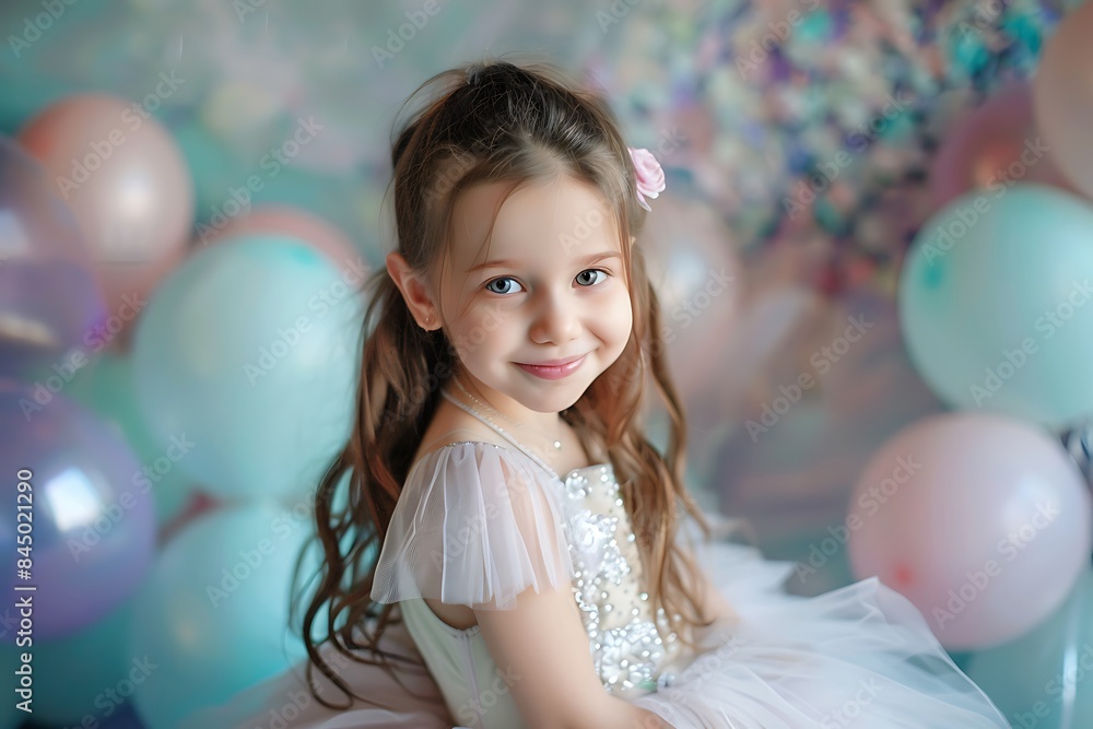 Fototapeta premium portrait of a cute child girl in an elegant dress celebrating her birthday against the background of balloons
