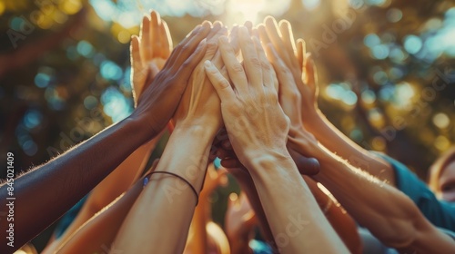 A group of diverse people reaching their hands together in unity and support with a bright light in the background. AIG535