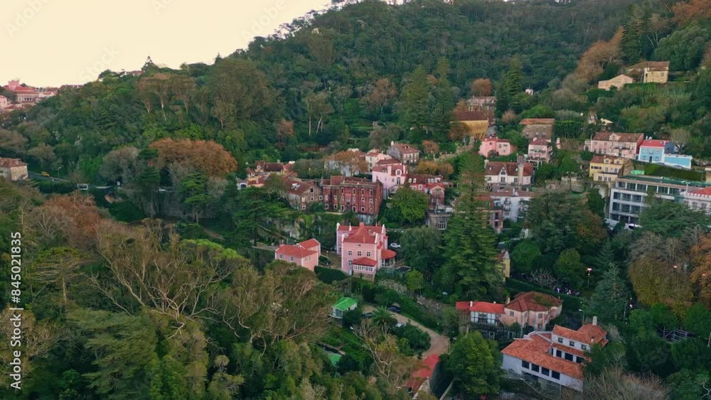 Drone cozy old city hidden in green valley surrounded greenery. Tiled rooftops Drone cozy old city hidden in green valley surrounded greenery. Tiled rooftops