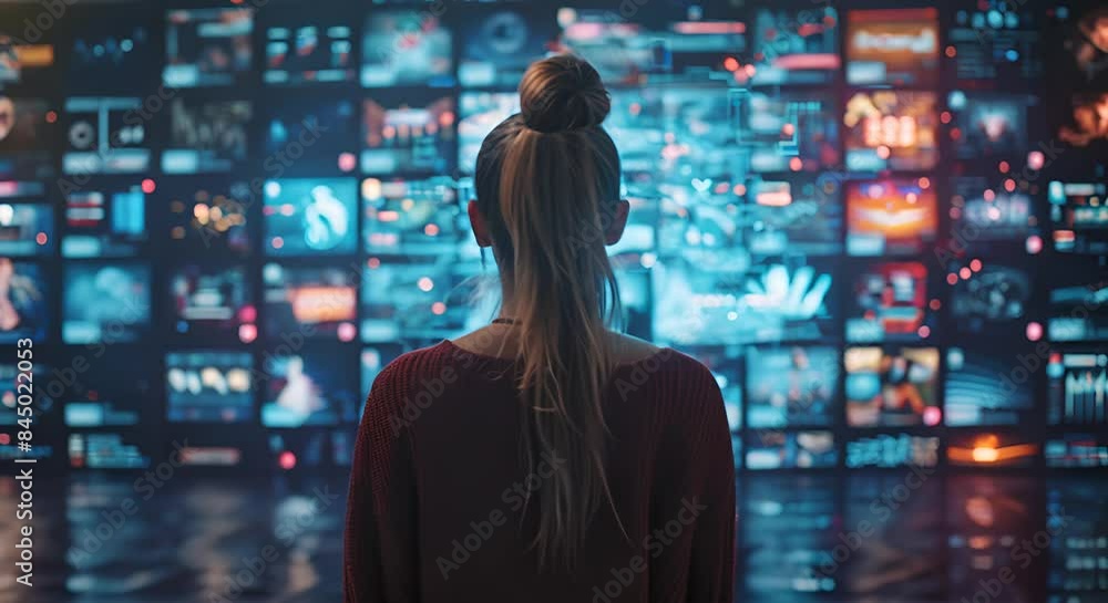 Backview Of Caucasian Woman Entering 3D Cyberspace With Animated Social Media Interfaces, Online Video Games, Videos, Internet Content. Visualization Of Female Enthusiast Surfing Computer Network Backview Of Caucasian Woman Entering 3D Cyberspace With Animated Social Media Interfaces, Online Video Games, Videos, Internet Content. Visualization Of Female Enthusiast Surfing Computer Network