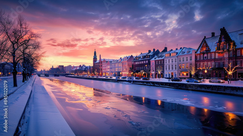 sunset over the river on the winter season