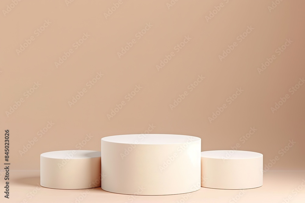 three 3D realistic tiered podium standing on a pastel beige background three 3D realistic tiered podium standing on a pastel beige background
