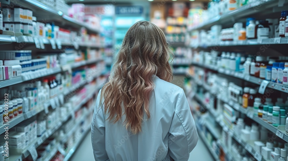 A woman walks through a pharmacy aisle, browsing the shelves filled with various medications and health products. A woman walks through a pharmacy aisle, browsing the shelves filled with various medications and health products.