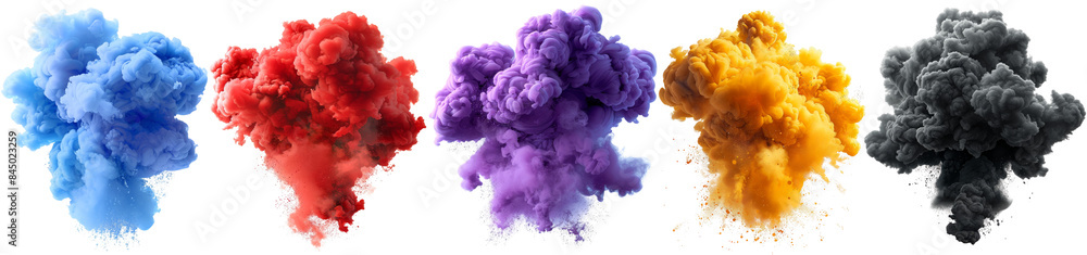 Fototapeta premium Vibrant colorful smoke clouds of blue, red, purple, orange, and black on white background. Abstract art and creative design concept.