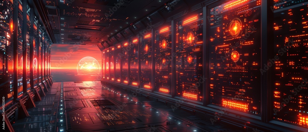 Futuristic cityscape with glowing red lights and a sunset in the distance. Futuristic cityscape with glowing red lights and a sunset in the distance.
