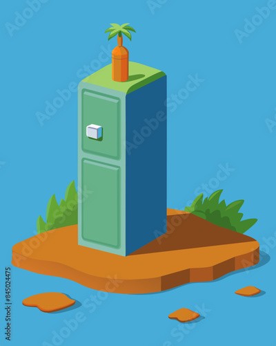 The once bustling refrigerator now resembled a deserted island with only a lone carrot and a bottle of mustard left behind.. Vector illustration