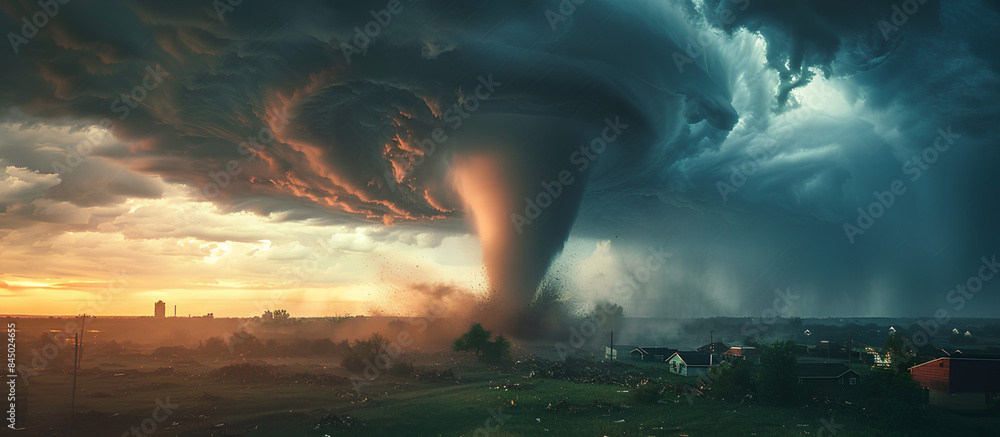 Tornado forming destruction over a populated landscape. Severe ...