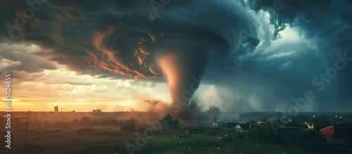 Tornado forming destruction over a populated landscape. Severe hurricane storm weather clouds. photo