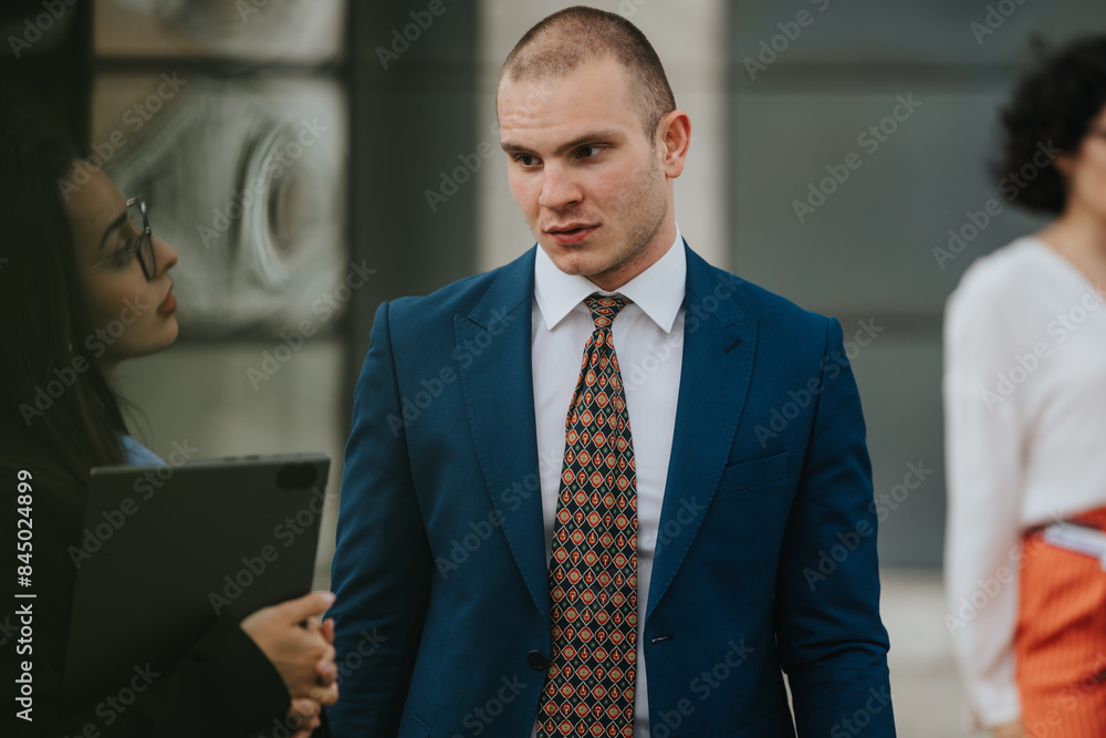 Two business professionals engaged in a serious conversation outside an office building. The man in a blue suit appears to be addressing a colleague. Two business professionals engaged in a serious conversation outside an office building. The man in a blue suit appears to be addressing a colleague.
