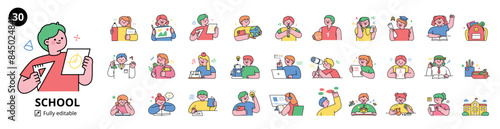 Set of students in school receiving different education. Upper body characters of cute children of elementary school age. outline style illustration.