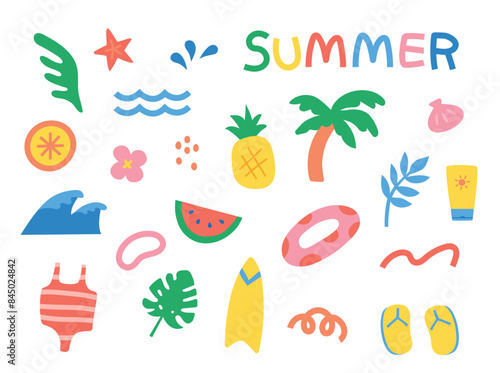 A collection of items to represent a cool summer beach. vector style illustration.