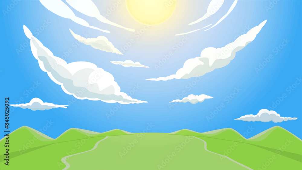 Fototapeta premium beautiful green field clouds blue sky sun. Vector Illustration