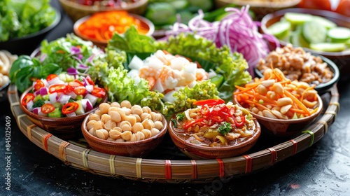 Isaan Food on a Palette A colorful culinary masterpiece, showcasing Isaan food on a palette photo
