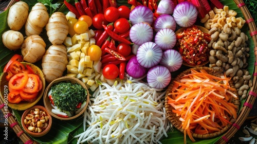 Isaan Food on a Palette A colorful culinary masterpiece, showcasing Isaan food on a palette photo