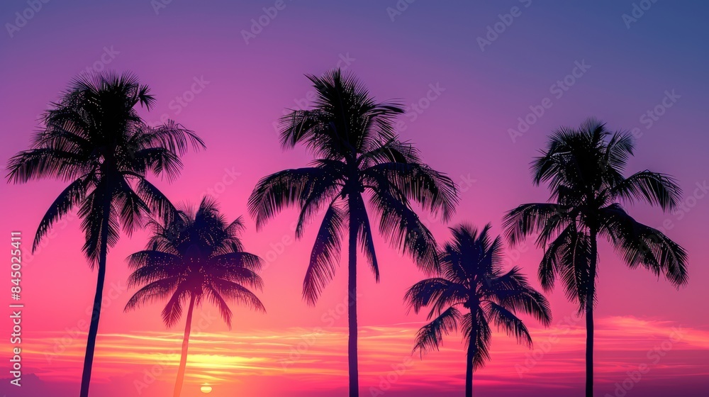 Summer Palm Trees A silhouette of palm trees against a vibrant sunset, evoking a sense of tropical paradise Summer Palm Trees A silhouette of palm trees against a vibrant sunset, evoking a sense of tropical paradise