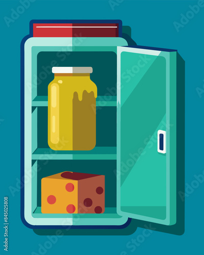 There was a noticeable absence of food in the fridge save for a lone jar of jelly and a block of moldy cheese.. Vector illustration