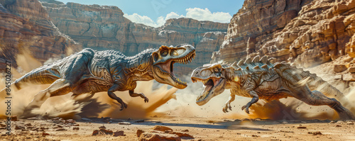 Epic Dinosaur Duel Fierce Battle Between Two Mighty Predators in Expansive Desert Canyon Landscape with Majestic Rocky Cliffs Under a Bright Blue Sky in Prehistoric Times photo