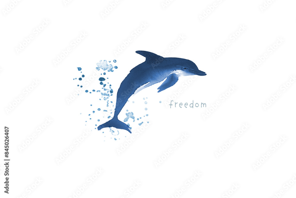 Fototapeta premium Minimalist ink painting with blue dolphin in sumi-e style on white