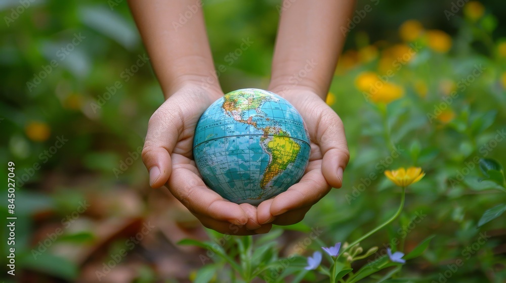 Hands Holding a Small Globe in Nature Hands Holding a Small Globe in Nature