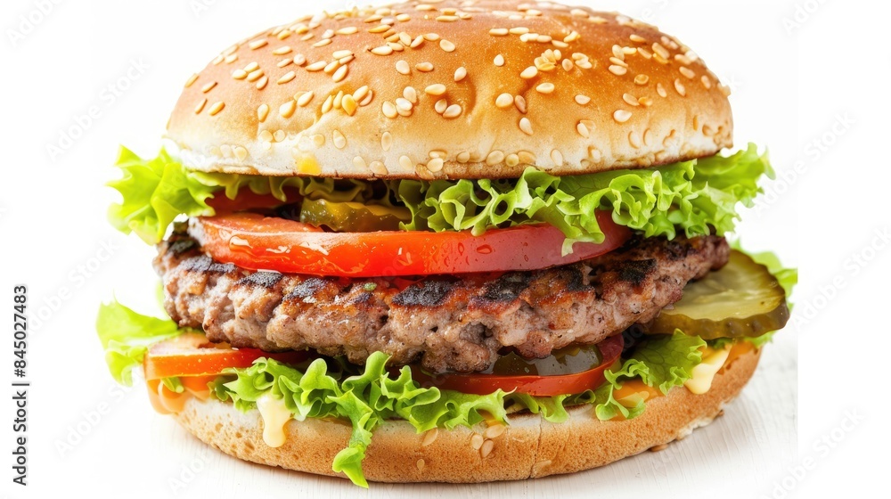 Savory beef and vegetable burger on a white backdrop Savory beef and vegetable burger on a white backdrop