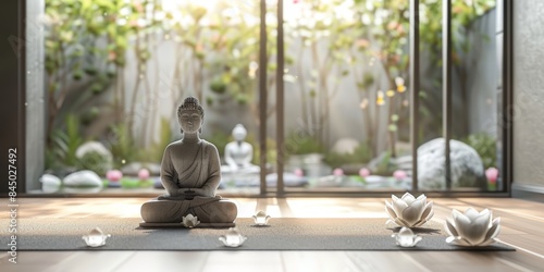 A serene meditation space featuring a Buddha statue seated on a mat with lotus flowers and a peaceful garden view through the window