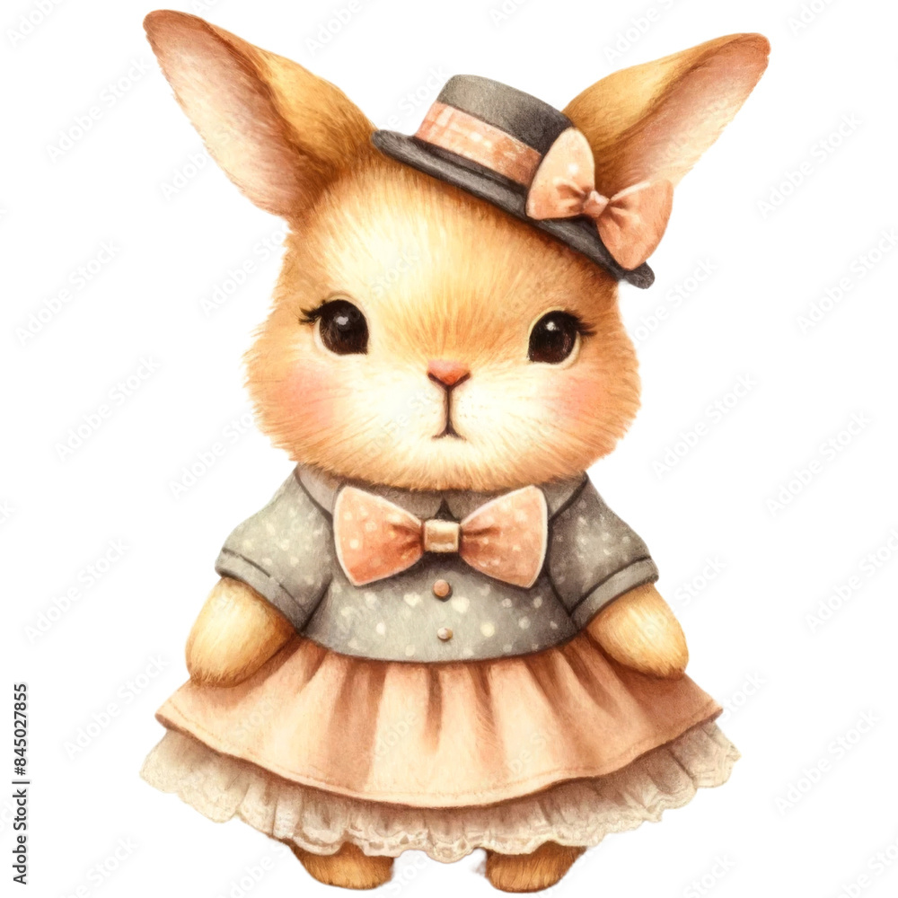 Obraz premium Charming illustration of a cute bunny in a vintage dress. PNG on transparent background.