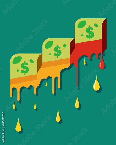 With each passing second the once strong dollar bill weakens and melts into a shapeless paste.. Vector illustration