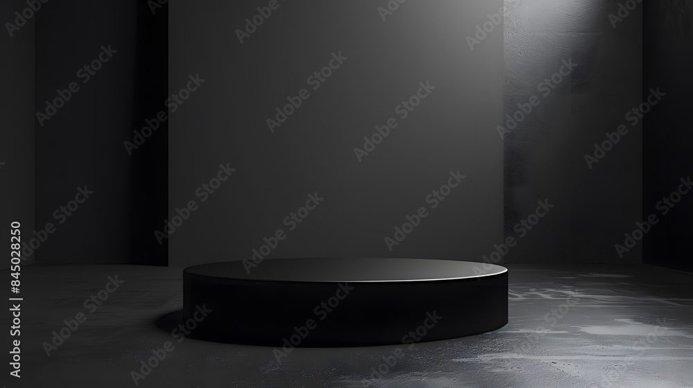 Pedestal of Platform display with black stand podium on dark room background. Blank Exhibition or empty product shelf. 3D rendering. Pedestal of Platform display with black stand podium on dark room background. Blank Exhibition or empty product shelf. 3D rendering.