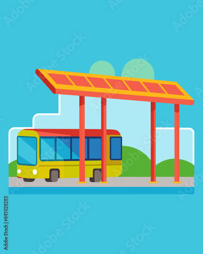 The brightly colored bus stop has a large solar canopy above it providing shade and powering the nearby buses as they come and go.. Vector illustration