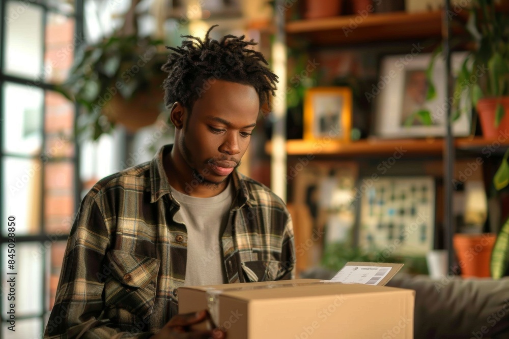 Young man unboxing a package in cozy home office. Young man unboxing a package in cozy home office.