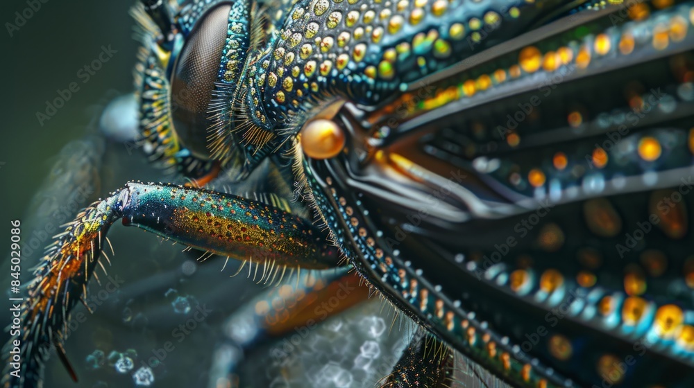 Obraz premium close-up of the thorax, highlighting the details of the wing and leg joints of a bee generative ai