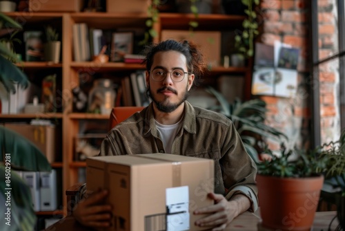 Young man with beard holding box in home office. © InfiniteStudio
