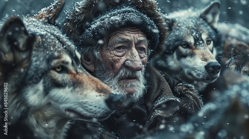 An elderly wolf researcher living among wolves and sharing a great bonding with wolves as his friends , snow falling and winter season , man covered in warm clothing, shaun ellis concept photo